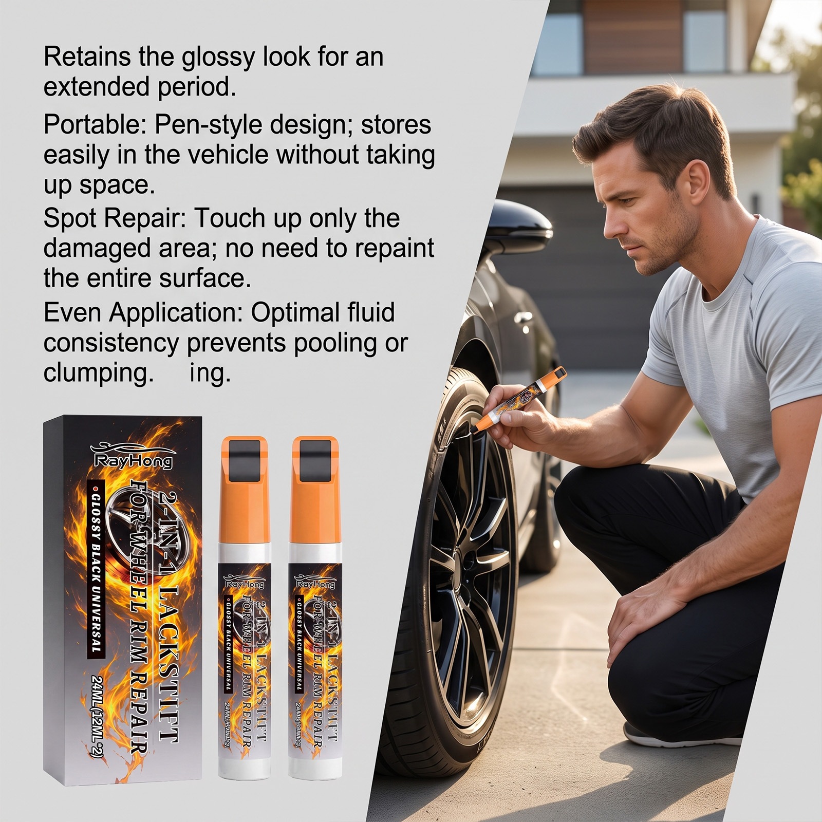 RAYHONG Wheel Scratch Repair Pen - Cleans, Removes Stains, Enhances Shine, Covers Scratches, Prevents Oxidation, Car Beauty and Maintenance