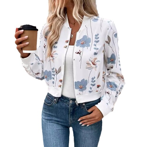 European and American cross-border spring 2025 elegant women's zipper floral print long-sleeved short casual jacket jacket