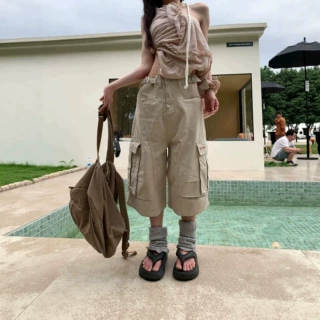 美式复古设计感多口袋七分裤男女夏季街头宽松百搭设计感阔腿短裤