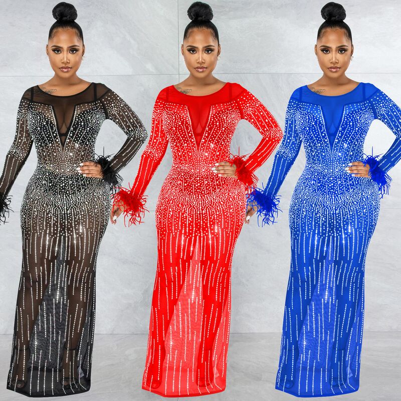 X5605 AliExpress wish fashion nightclub party hot drilling women's mesh see-through long sleeve dress dress women