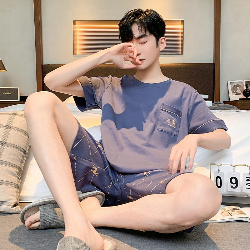 Pijamas de algodón de los hombres de manga corta de verano lindo de dibujos animados hombres jóvenes sueltos 2024 Nuevo traje de homewear de talla grande