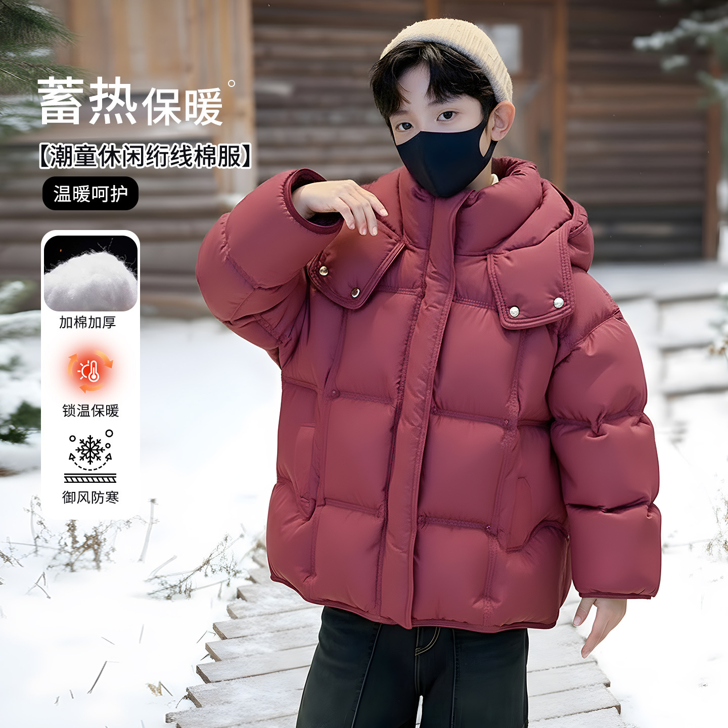 Boys' padded and thickened hooded cotton-padded jacket, new autumn and winter style, fashionable, heat-locking, warm, lightweight, windproof, machine washable.