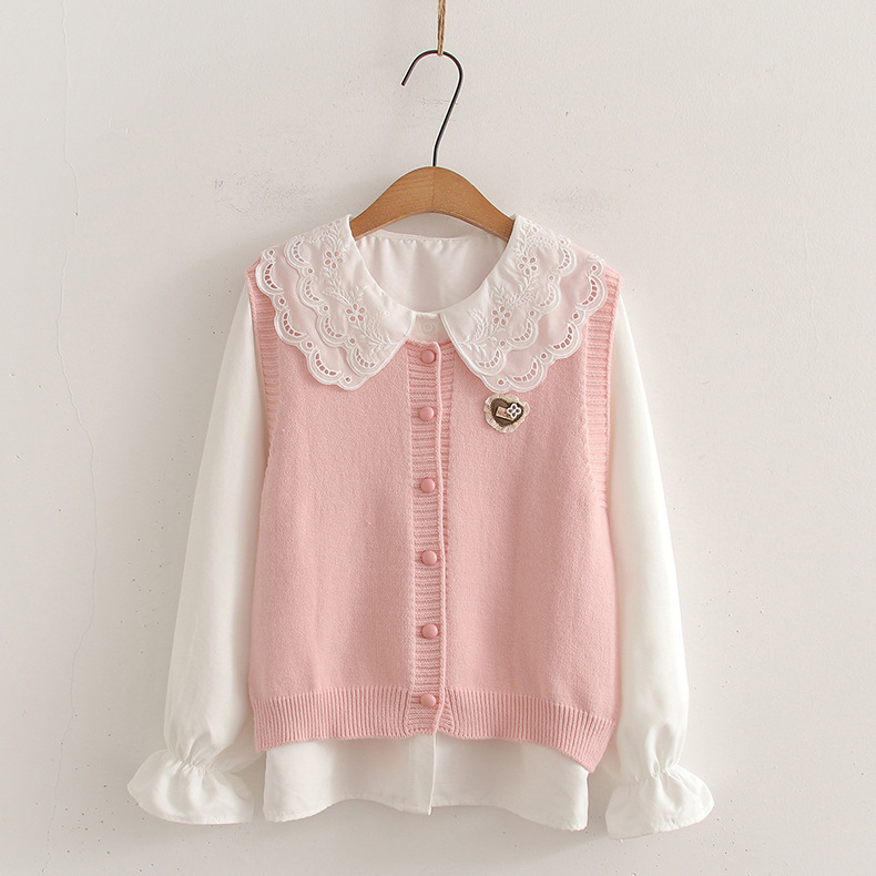Jiaxing Knitting Factory Knitted Vest Women's Pink Round Neck Single-Breasted Heart-Shaped Badge Short Sweater Vest for Autumn and Winter Jiaxing Knitting Factory Knitted Vest Women's Pink Round Neck Single-Breasted Heart-Shaped Badge Short Sweater Vest for Autumn and Winter