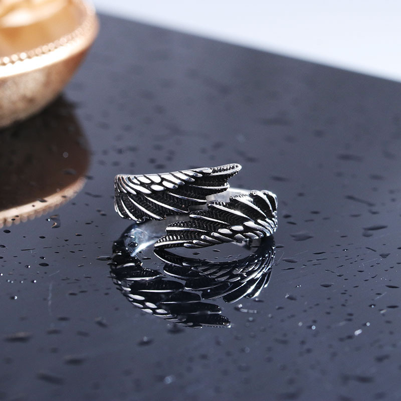 Vintage Angel Wings Ring for Men Trendy Personality Open Ring Fashion Anti-Taiwanese Silver Feather Men's Single Ring