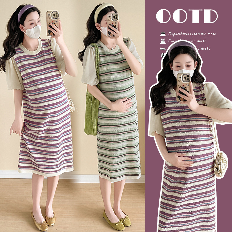 Real Shot Knitted Rainbow Stripe Maternity Dress 2025 Summer Casual Puff Sleeve Pregnant Women Skirt Postpartum Nursing Dress Real Shot Knitted Rainbow Stripe Maternity Dress 2025 Summer Casual Puff Sleeve Pregnant Women Skirt Postpartum Nursing Dress