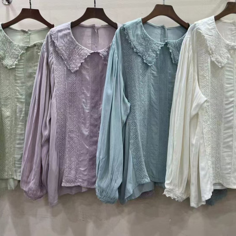 2026 Spring New Women's Lapel Japanese Style Cotton Heavy Lace Doll Collar Long Sleeve Foreign Trade Cardigan Sweet Top