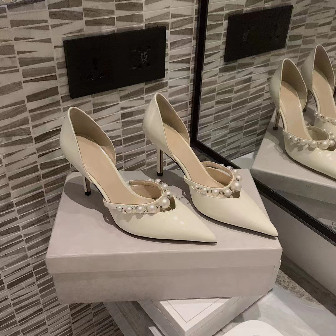 Version JC Chaussures pointues en cuir verni à talons hauts, talon fin, bride en perles, bouche peu profonde, chaussures simples creuses, sandales à bout fermé_voghion.com