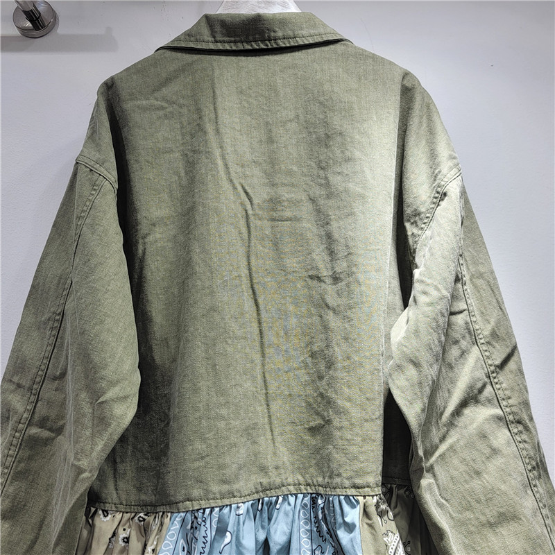 2025 otoño nuevo ejército verde empalme flor de caju color contraste chaqueta denim retro diseño sensación de nicho