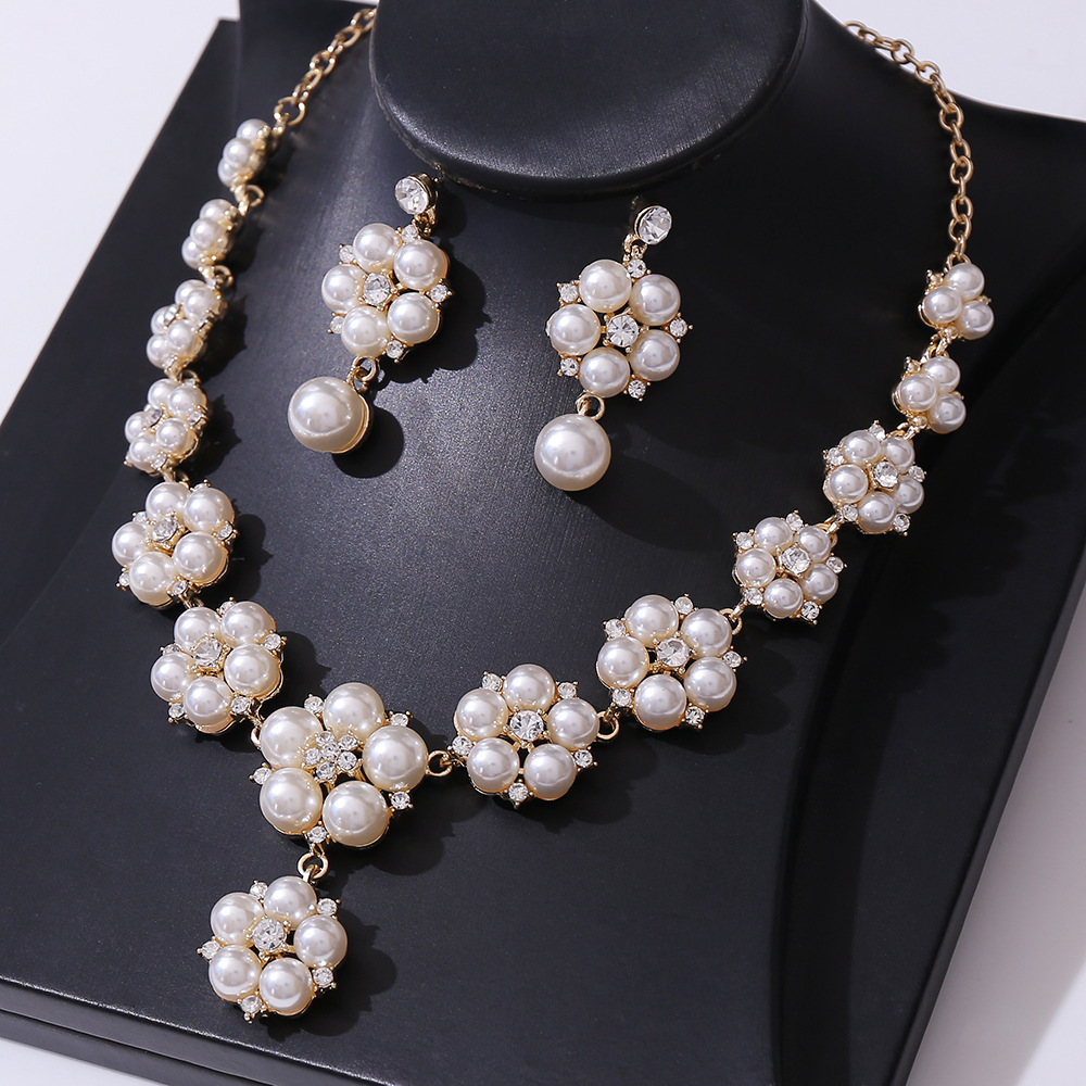 1 Set Quantity Elegant Flower Alloy Inlay Artificial Pearls Rhinestones Earrings Necklace