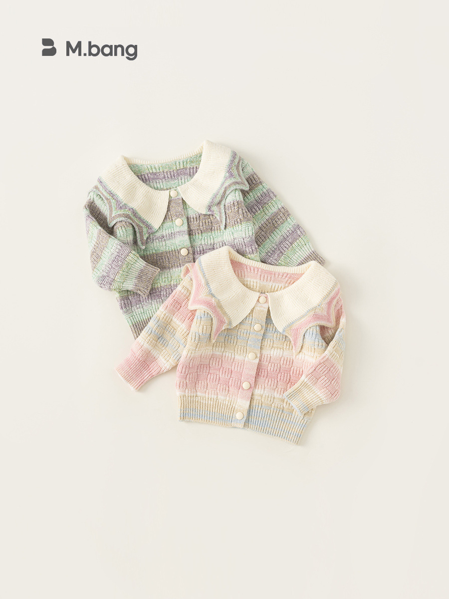 2026 primavera y otoño ropa infantil gran solapa suéter de niñas camisa de punto de color graduado suéter de mujer abrigo