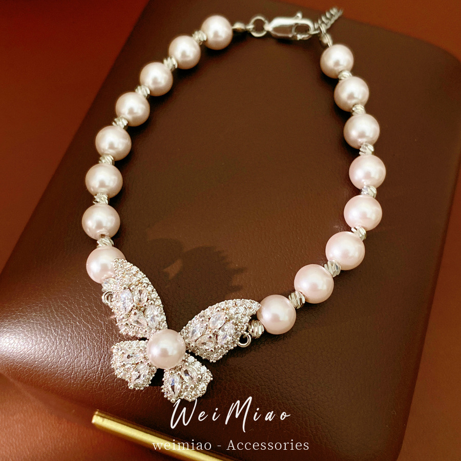 Pulsera de perlas de mariposa de piedra de diamante redonda lujosa pulsera de pulsera de alta calidad temperamento exquisito joyería de moda versátil