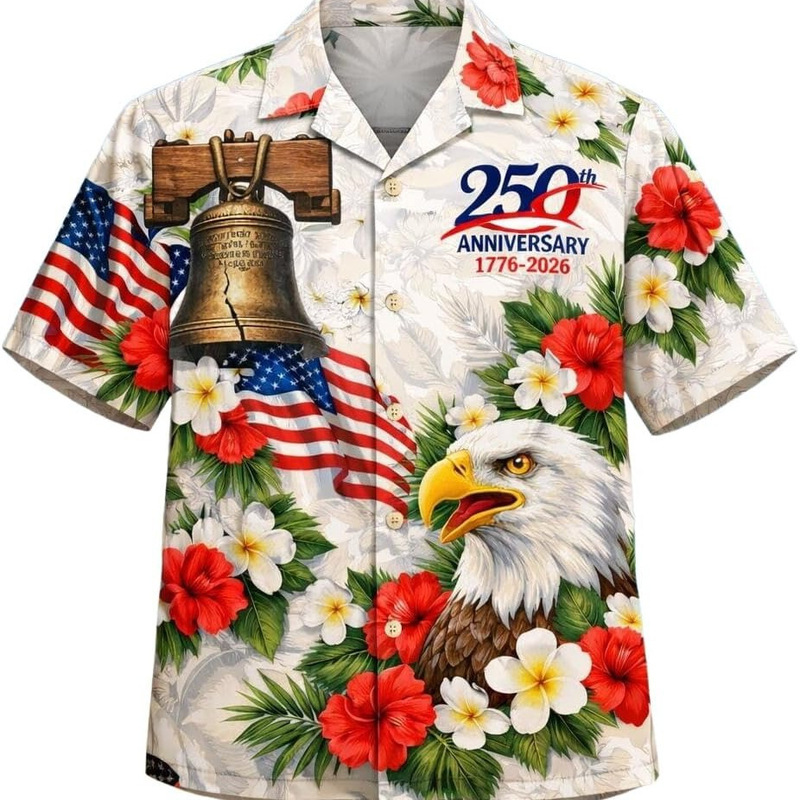 Foreign Trade American 250Th Anniversary Commemorative Hawaiian Shirt with Flag Print, Retro Casual Short-Sleeve Collared Top