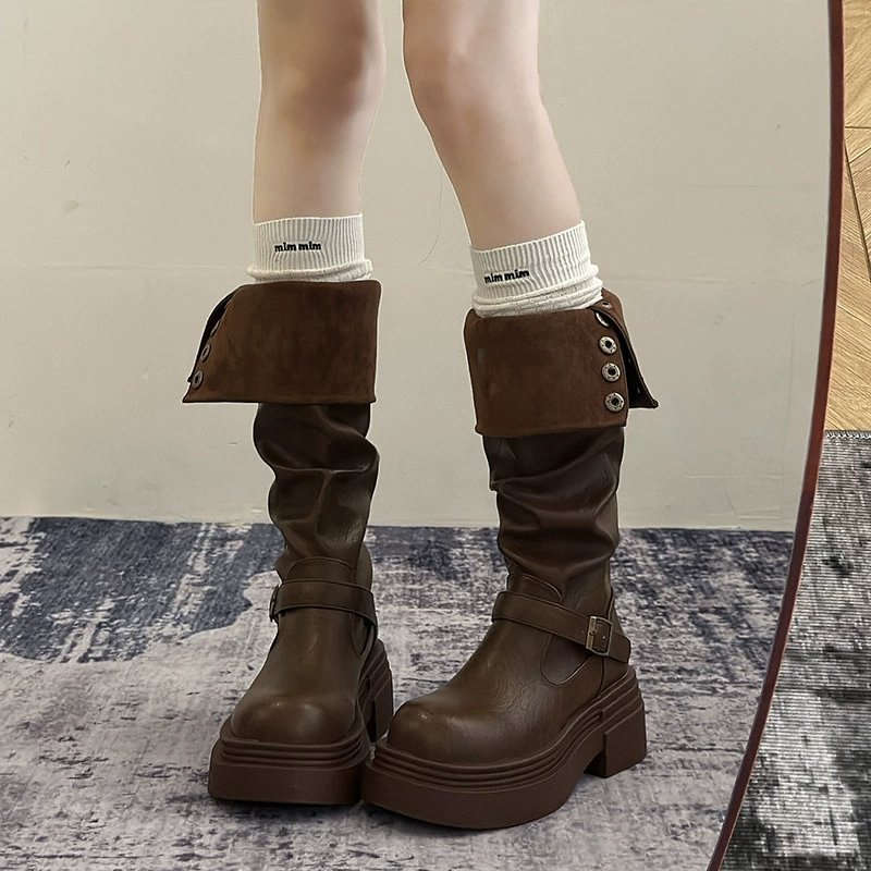 Retro high boots, belt platform, buckle, autumn