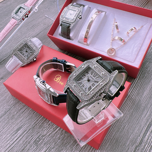 Foreign trade tank watch square dial with rhinestones, women's student retro Roman numeral quartz watch, starry sky women's watch