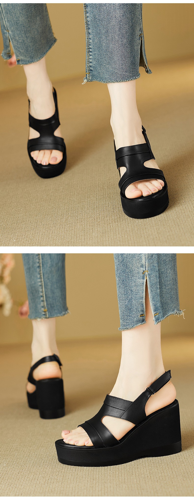 Sandal nữ hở mũi đế xuồng da bò cao gót quai ngang phong cách La Mã — đen chi tiết 6