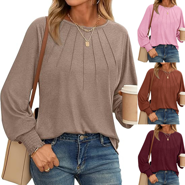 Autumn 2024 New Cross-border European and American Women's Clothing Amazon Women's Long-sleeved Crewneck T-shirt Pleated Casual Solid Color Sweatshirt
