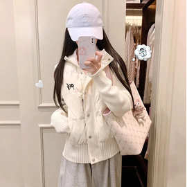 【加厚高品质】韩版针织条纹拼接棉服女冬季宽松保暖防寒棉袄外套