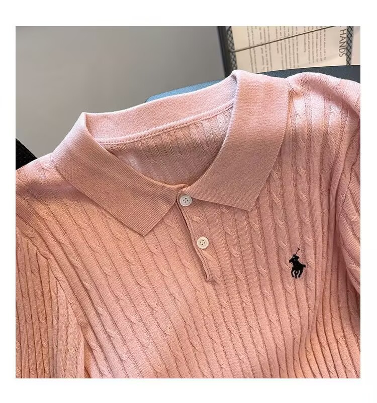 Áo thun nữ tay ngắn cổ polo chất liệu lụa đá mềm mại thêu họa tiết — màu hồng chi tiết 3