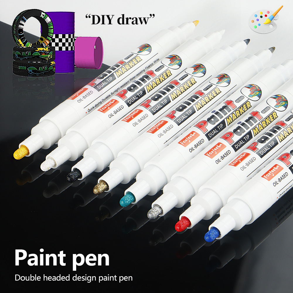 Bolígrafo de pintura de doble cabezal de color de venta caliente transfronterizo, bolígrafo de pintura impermeable para neumáticos de automóvil, marcador aceitoso que no se desvanece