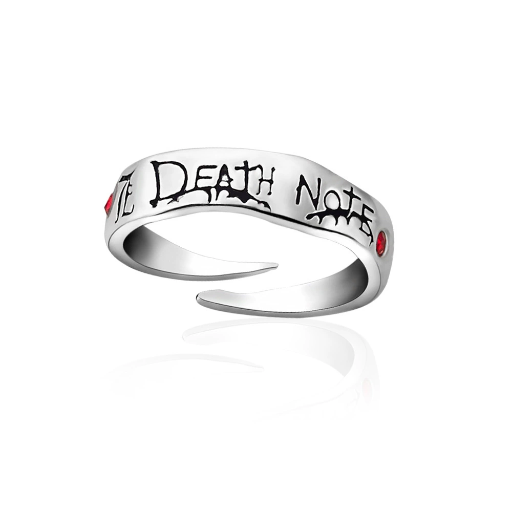 Кольцо, вдохновленное Death Note, открытая регулируемая посадка, серебристый тон с гравированной надписью и красными камнями