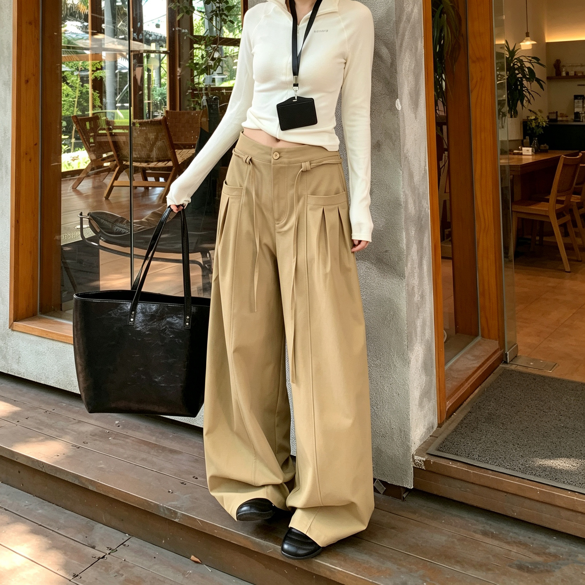 弯刀阔腿裤女2026秋季新款高腰显瘦宽松休闲美式速干卡其色工装裤