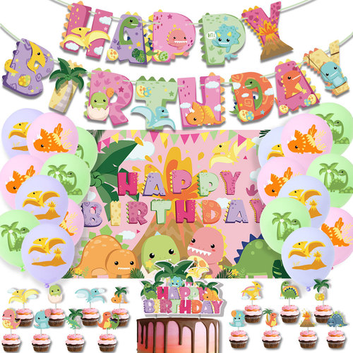 Original Pink Dinosaur Birthday Party Decoration Supplies Dinosaur Flag Cake Card Background Scene Layout