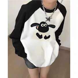 【200克双磨牛奶丝】小羊肖恩插肩长袖T恤女宽松大版纯棉打底体恤