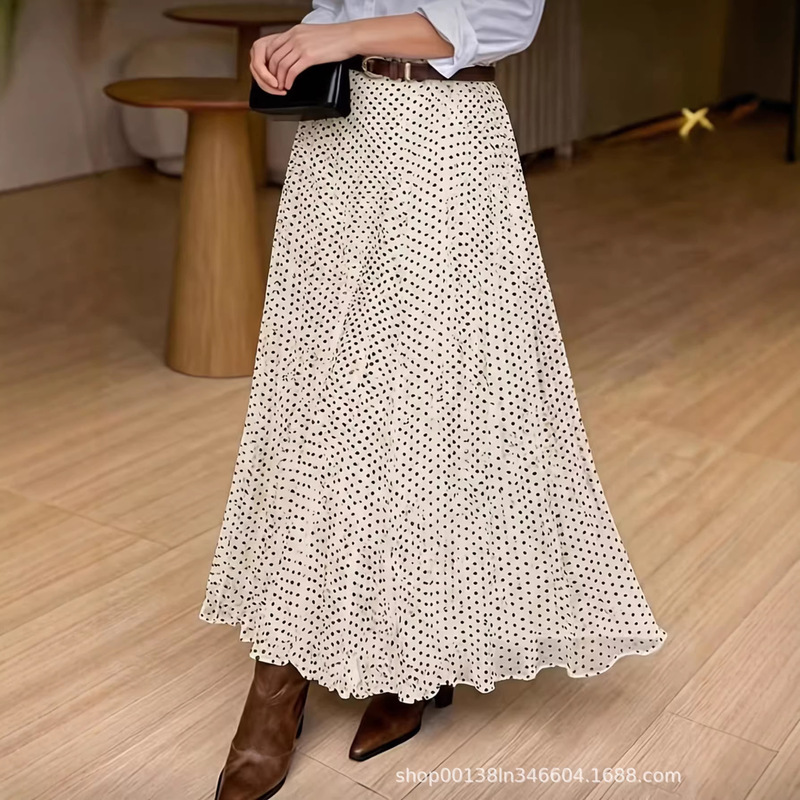 Women's Casual Skirt 2026 New Style Elegant Mid-Length Polka Dot Pleated A-Line Skirt with Drapey Large Hem Women's Casual Skirt 2026 New Style Elegant Mid-Length Polka Dot Pleated A-Line Skirt with Drapey Large Hem