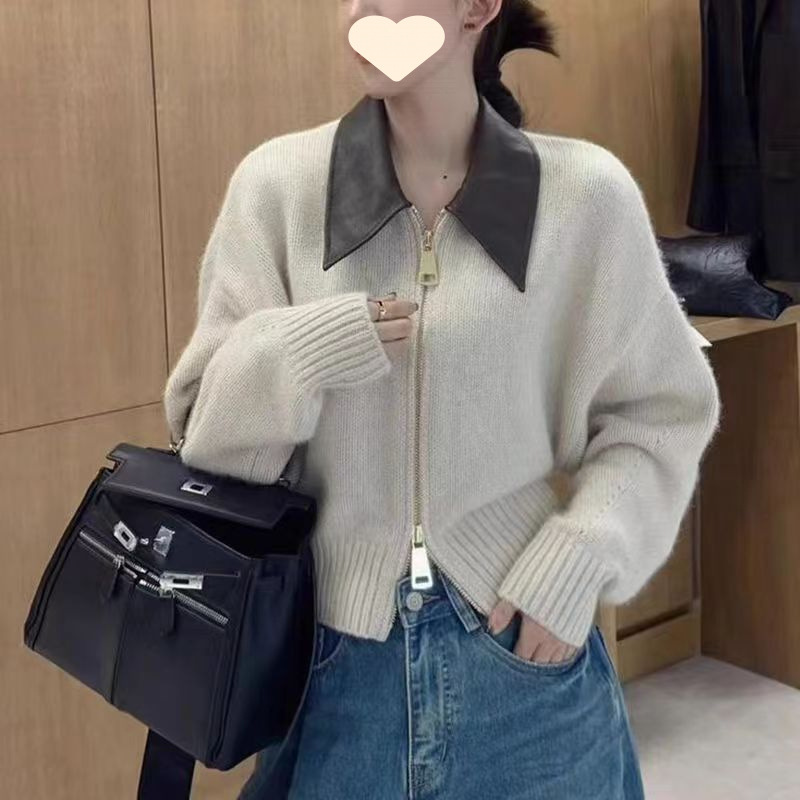 拼接拉链毛衣女外套感宽松慵懒风POLO领秋冬季外穿针织开衫厚