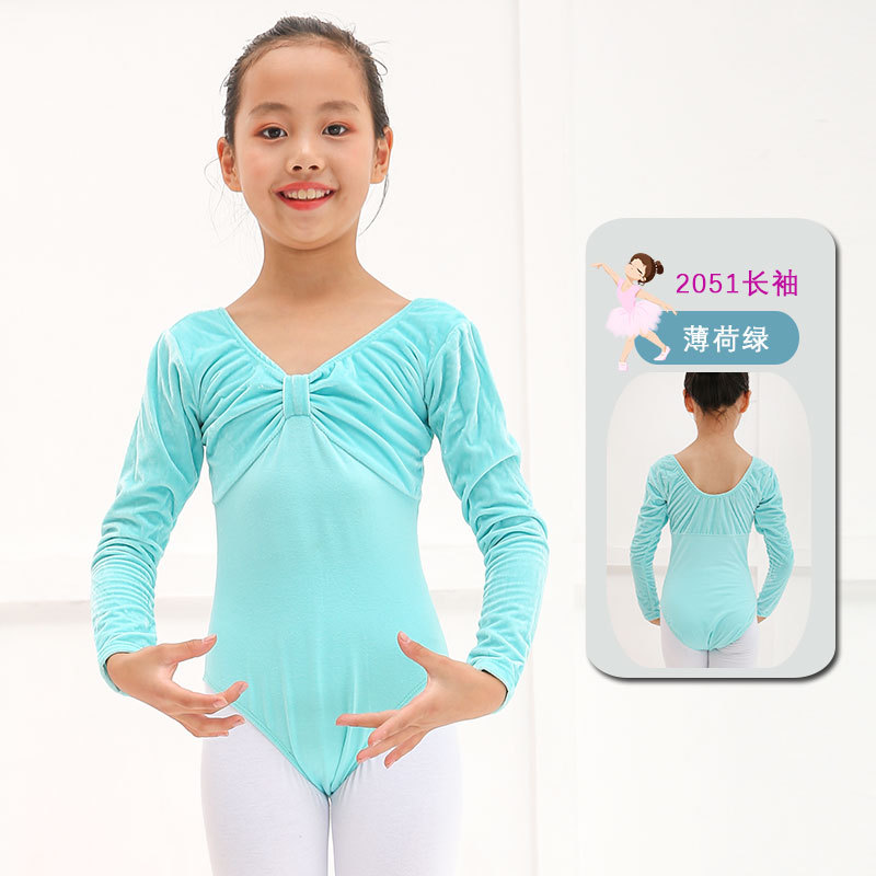 En stock de manga larga de primavera y otoño ropa de ballet ropa de práctica de una sola pieza para niños ropa de baile para niñas de terciopelo dorado ropa de clasificación de gimnasia