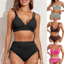 跨境欧美外贸泳装女式分体坑条抽绳高腰泳衣保守亚马逊Swimwear