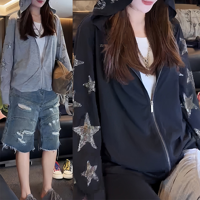 2026 Summer New Korean Fashion High-End Stylish Hooded Sweatshirt with Star Rhinestones Zipper Jacket Women's Trendy Clothing
