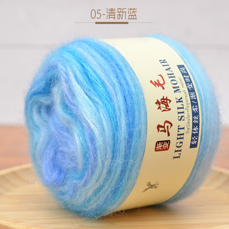 Sección de gradiente teñido pastel de mohair hilo lana tejida a mano media larga sección teñida bricolaje tejido suéter abrigo bufanda