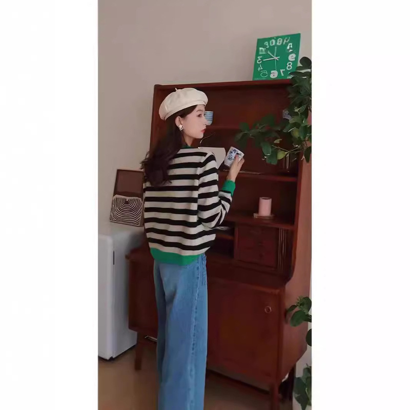 秋冬复古圆领条纹撞色羊毛针织开衫女上衣韩版毛衣羊绒打底法式|undefined