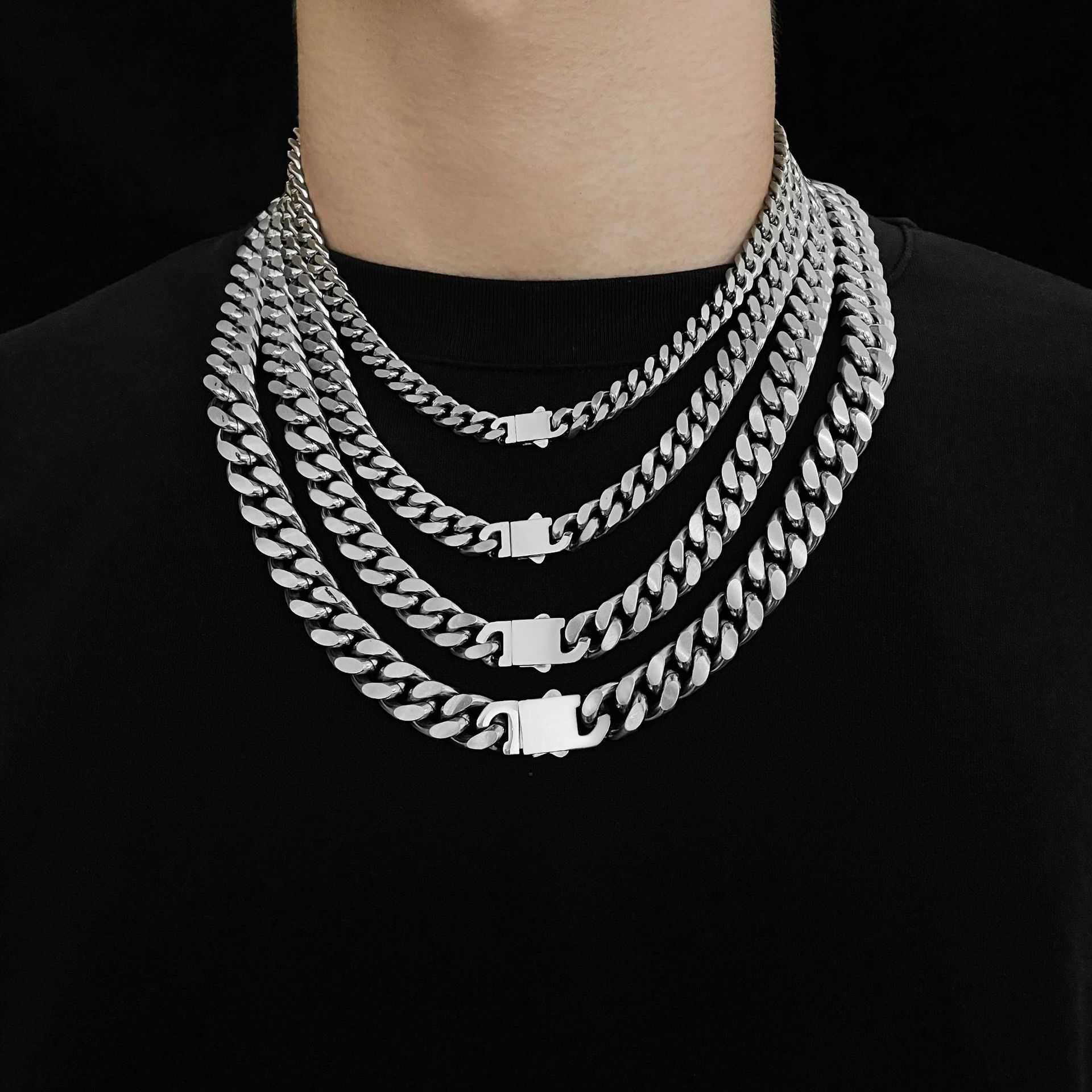 European and American Flip Buckle Stainless Steel Necklace Trendy Brand Hip-Hop Round Grinding Encryption Dongguan Titanium Steel Cuban Men's Bracelet Wholesale