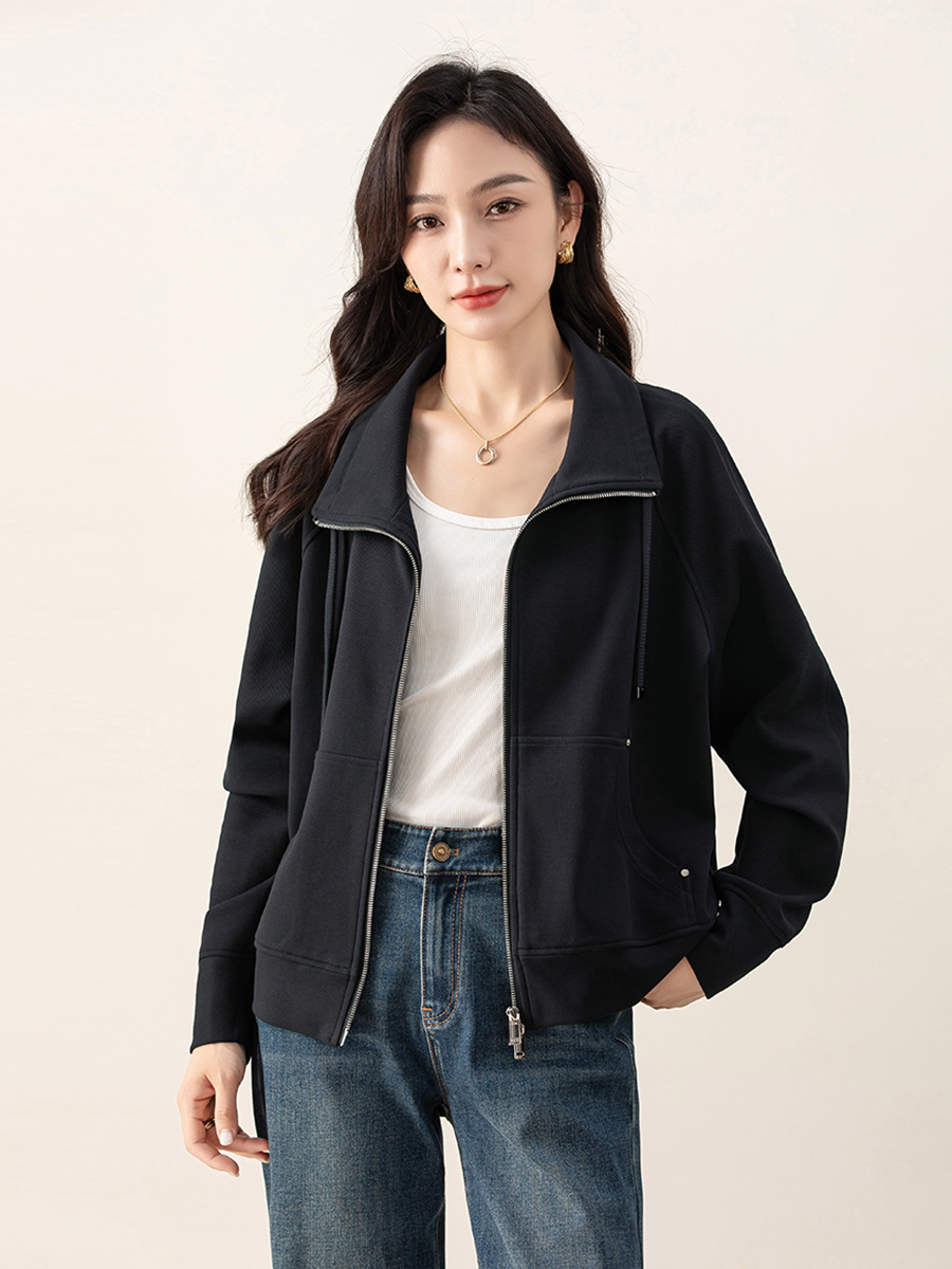 Áo khoác nỉ dây kéo len pha trộn dáng rộng cổ lật cho nữ mùa thu — màu xanh hải quân