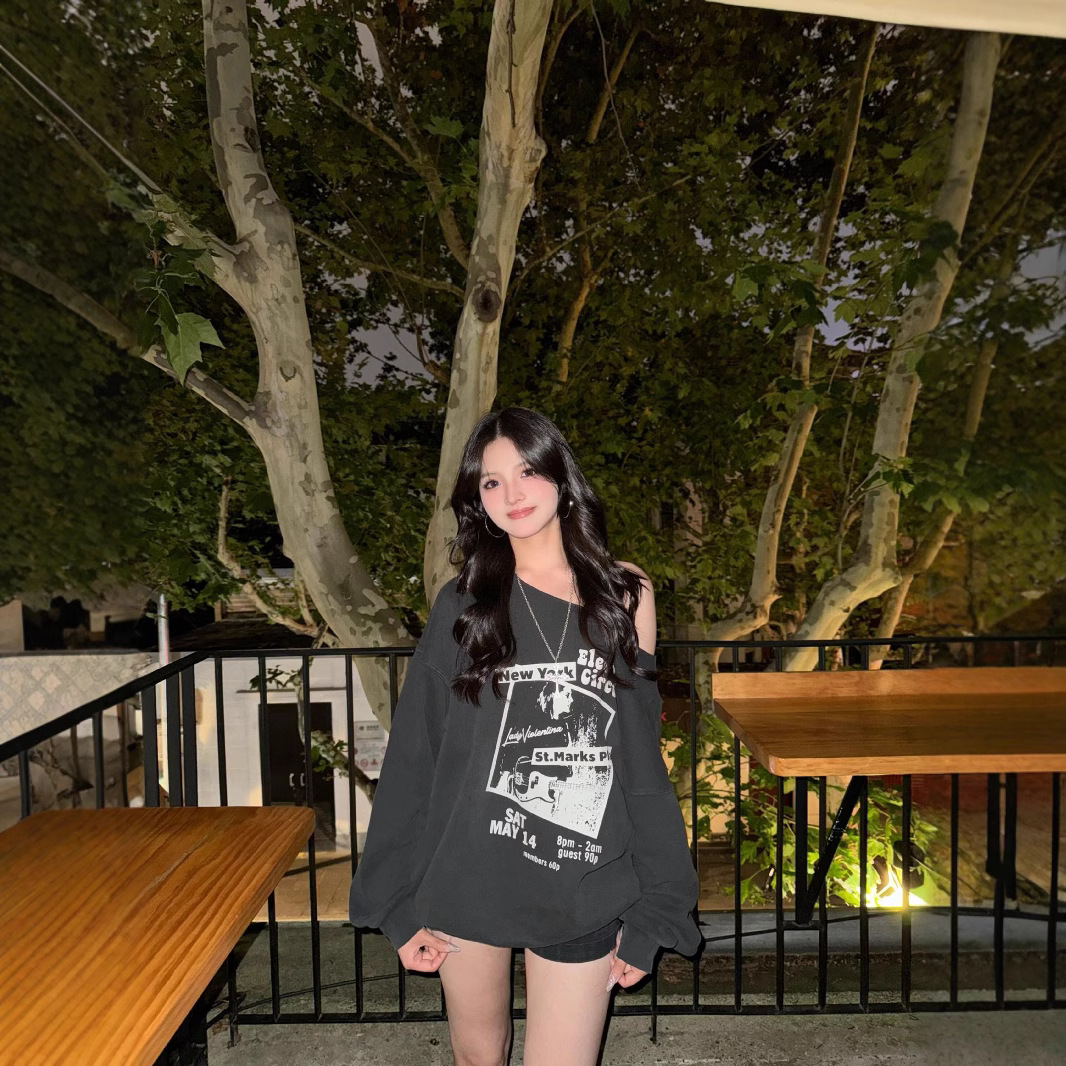 现货重磅美式气质慵懒印花卫衣T恤上衣大领口露肩个性穿搭潮辣妹