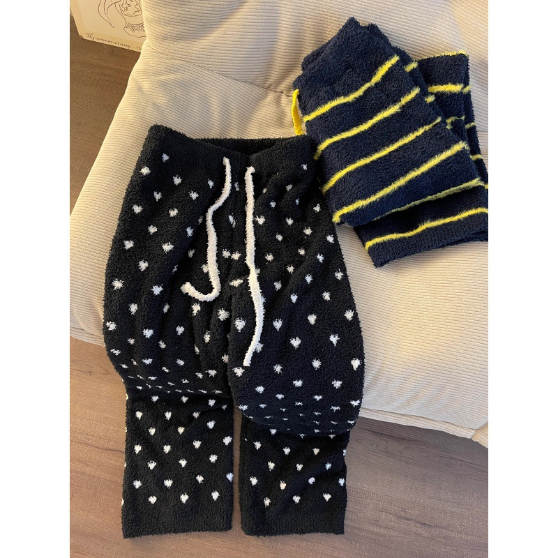 Diseño coreano de cintura alta a rayas de color de punto de mitad de camelera pantalones de pijama de mujeres otoño invierno calentamiento pantalones caseros