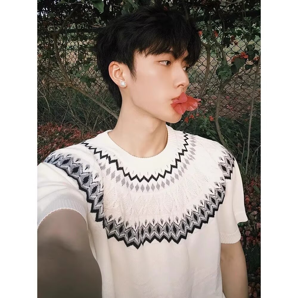 Isla de Fair camiseta de punto de manga corta camiseta de cuello redondo jacquard hombre viejo estilo casual hielo de verano fábrica transfronteriza mayorista
