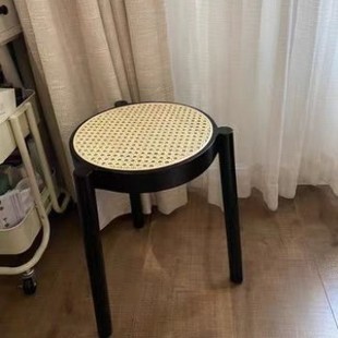 Nordic Solid Wood Rattan Round Stool, Casual Household Low Stool, Light Luxury Rattan Weaving, Stackable Shoe-Changing Small Bench