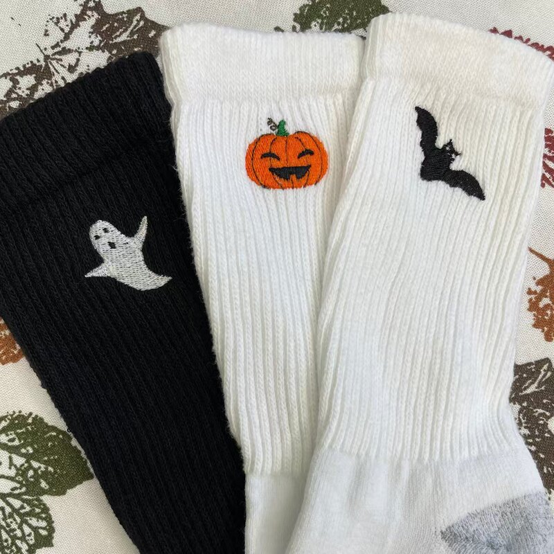 Halloween embroidered socks - 3 pairs. Ghost, pumpkin, bat embroidered short socks, trendy cute thin style Halloween embroidered socks - 3 pairs. Ghost, pumpkin, bat embroidered short socks, trendy cute thin style