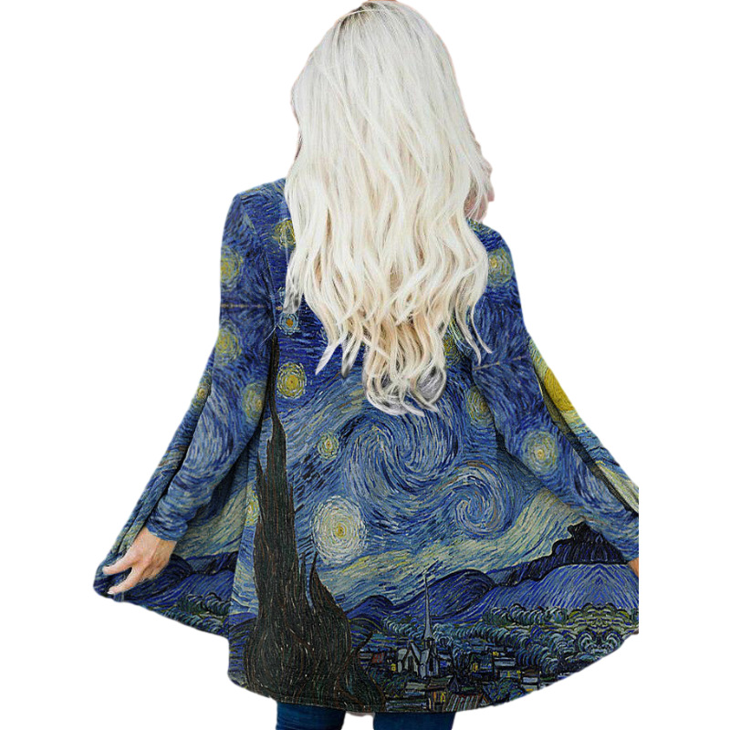 2021欧美亚马逊春秋女装外套民族元素印花开衫长袖上衣修身外套女