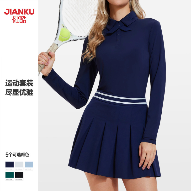 Cross-Border New Style Tennis Skirt Set for Women, Long-Sleeve Polo Shirt, Anti-Exposure Pleated Skirt, Sports Fitness Training Yoga Wear Cross-Border New Style Tennis Skirt Set for Women, Long-Sleeve Polo Shirt, Anti-Exposure Pleated Skirt, Sports Fitness Training Yoga Wear