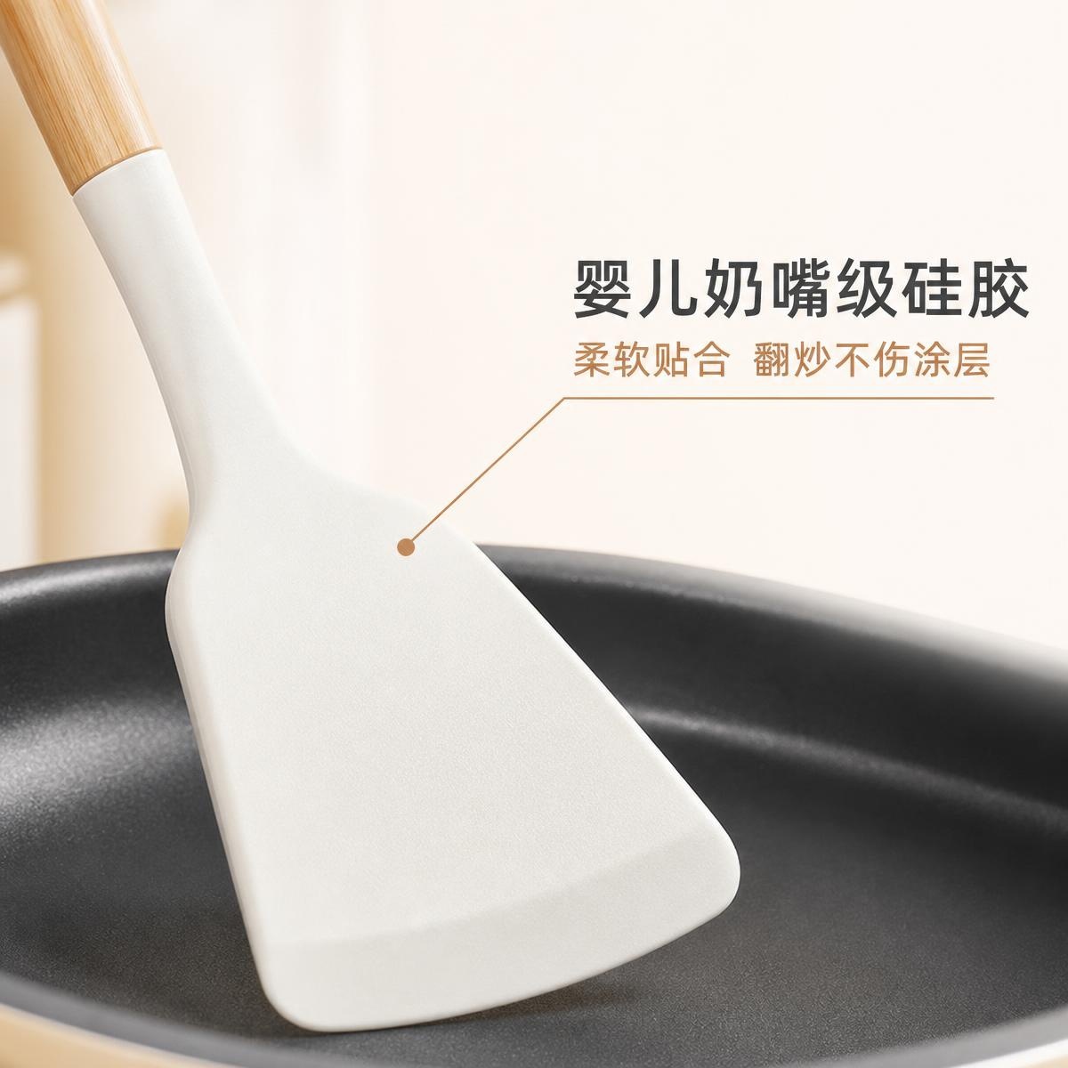 Kaymaz Uçlu Ahşap Saplı Silikon Mutfak Eşyası Tencere Kepçesi Seti Mutfak Aletleri Pişirme Wok Spatulası Çorba Kaşığı Kepçe Seti