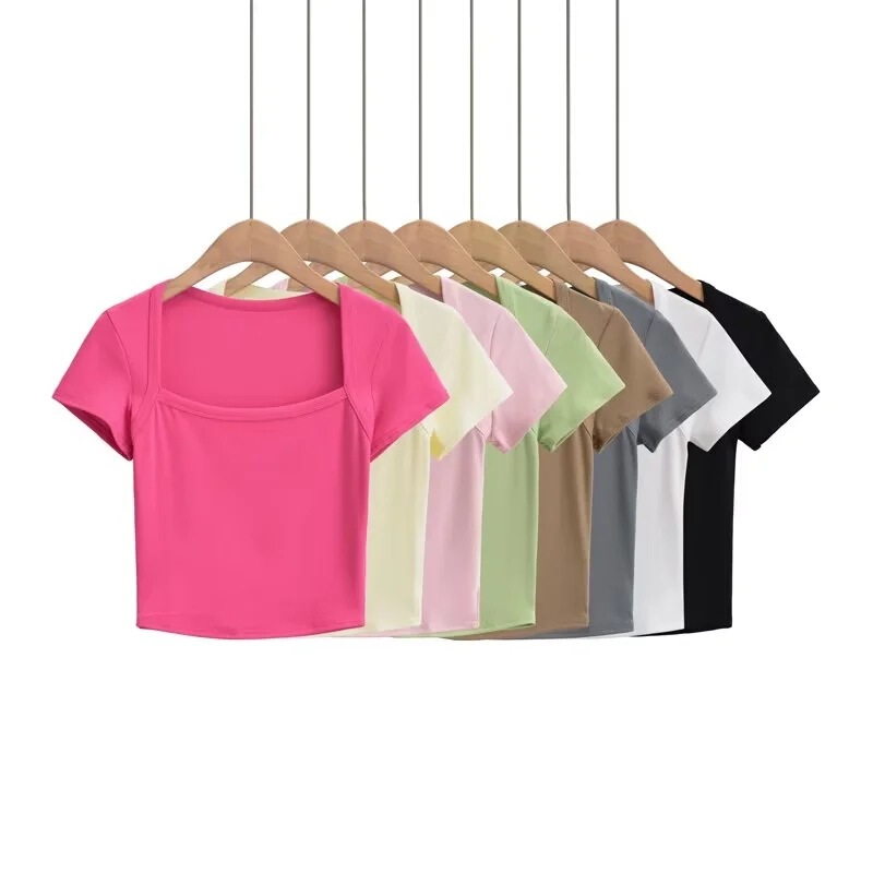 Hot Girl Full Piping Large Square Collar High Waist Short Sleeve Top Women's 2023 Summer New Slim-fit Slimming Solid Color Short T-shirt