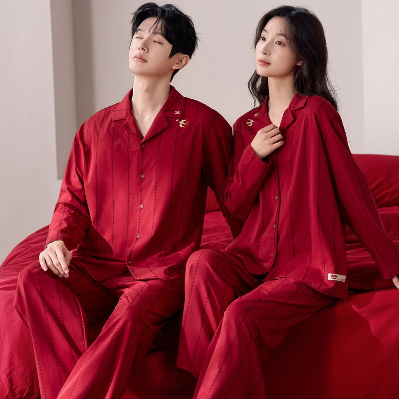 Couple's Pajamas for Women, Spring and Autumn Style, Wedding and Newlywed Pure Cotton Cardigan, Long-Sleeved, Bright Red, High-End Home Wear Set for Men and Women Couple's Pajamas for Women, Spring and Autumn Style, Wedding and Newlywed Pure Cotton Cardigan, Long-Sleeved, Bright Red, High-End Home Wear Set for Men and Women