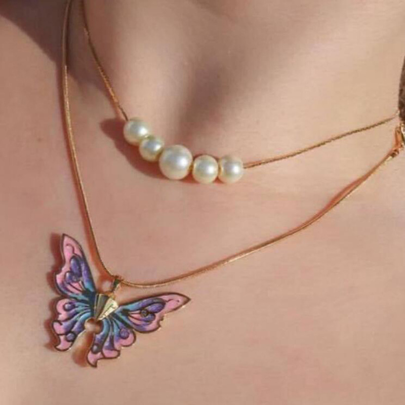 Mode Schmetterling Legierung Überzug Künstliche Perlen Halskette display picture 1