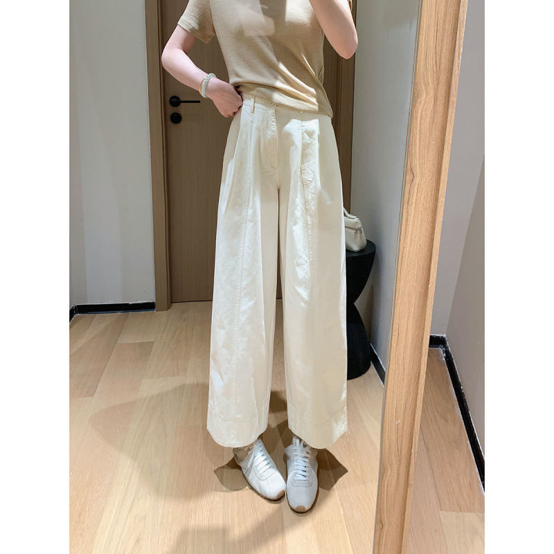 100棉立体双褶宽边九分裤早秋宽松直筒纯色巨显瘦休闲裤|undefined
