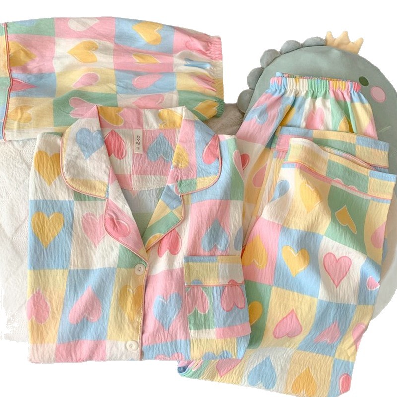 Pijamas de amor dulce de color, pantalones de manga corta de hilo de algodón de nube de verano para mujer, cárdigan de tres piezas, servicio a domicilio