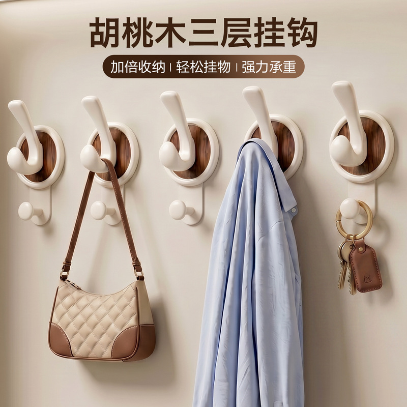 Walnut wood hook for hanging clothes behind the entrance door, wall-mounted in the bathroom, no-drill adhesive hook for wall attachment Walnut wood hook for hanging clothes behind the entrance door, wall-mounted in the bathroom, no-drill adhesive hook for wall attachment